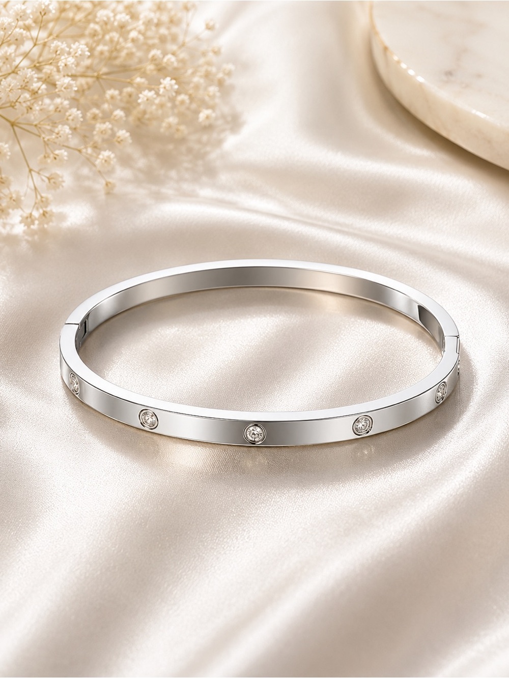 Silver Crystal-Accented Women's Bangle Bracelet